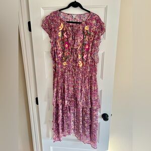 NEW Sundance XXL Dress Tiered Pink Purple Embroidered Midi Romantic Boho